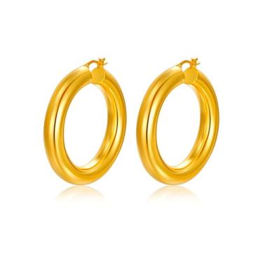 Imagem de Lansora Brincos de argola grossa grossa banhados a ouro para mulheres, brincos grandes de prata, brincos redondos de ouro, joias delicadas 30/40/50/60 mm, Cobre, Sem pedra preciosa