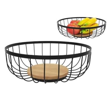 Imagem de Fruteira de Mesa Redonda em Ferro com Fundo em Madeira Preto 28.5cm