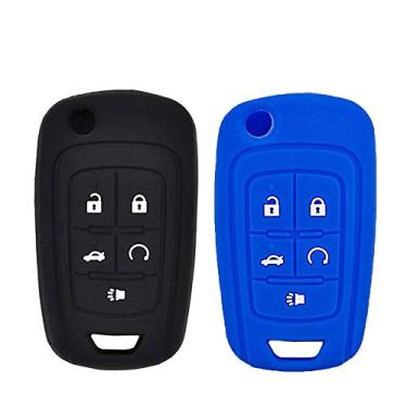 Imagem de LemSa 2 peças Silicone 5 botões Flip Key Fob Cover Remoto Bolsa de entrada sem chave para Chevrolet Camaro Cruze Equinox Malibu SS Sônico Spark Volt Aveo Epica, Buick Lacrosse Encore GL8 Regal Excelle, Preto/Azul