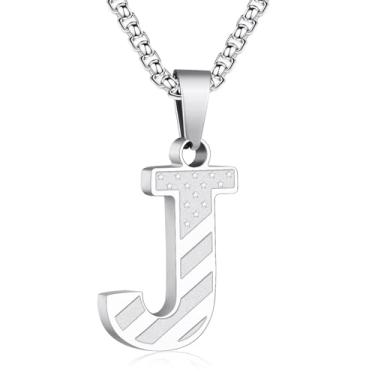 Imagem de Zocomi Colar com pingente de inicial da bandeira americana para homens e meninos, corrente de aço inoxidável 316L A-Z caixa de letras 50 + 5 cm joias presentes, Aço inoxidável, Sem Pedra Preciosa