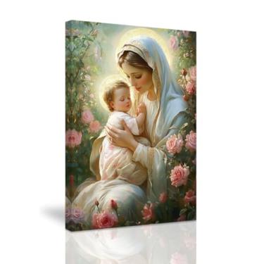 Imagem de QIXIANG Arte de parede de Virgem Maria Católica Santa Maria Pintura em tela Mãe de Jesus Religiosa Imagem de Parede Arte Cristã Decoração de Igreja Emoldurada (Verde, 30 cm C x 45 L)