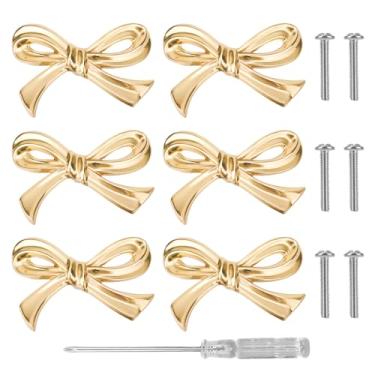 Imagem de 6pçs Maçanetas Armário Forma Laço, Dourado Laço Puxadores Móveis com Chave de Fenda Latão Maçanetas Vintage Gavetas Puxador Cômoda Decorativo para Casa Cozinha Armário Guarda-roupa Ferragens