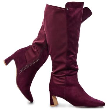 Imagem de RF ROOM OF FASHION Botas femininas plus size bico quadrado altura do joelho (largura larga na panturrilha), Wine Su/Elastic (salto de 5,7 cm), 7 Wide