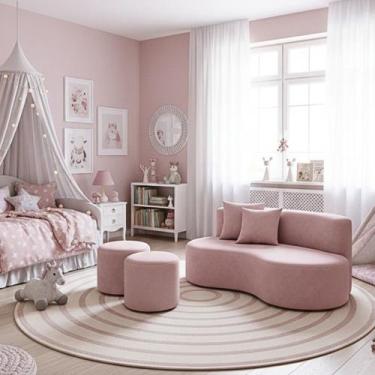 Imagem de Conjunto Sofá Curvo Orgânico + 2Puffs Nature Gaia Suede Rosê - Montana