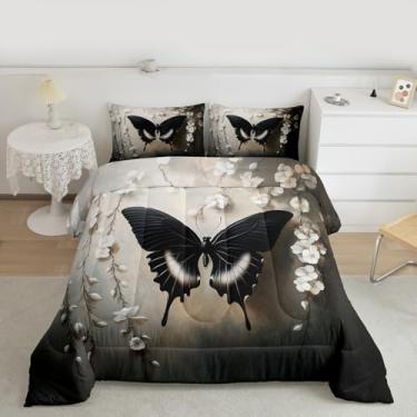 Imagem de Feelyou Jogo de cama casal com estampa de borboleta preta, para crianças, meninos, moderno, chique, arte abstrata, decoração de quarto, 3 peças com 2 fronhas