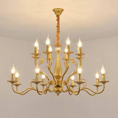 Imagem de YQSLQZZ Lustre de vela dourada, lustres de sala de jantar vintage americanos, iluminação decorativa acima da mesa de jantar, luminária suspensa de teto ajustável em altura
