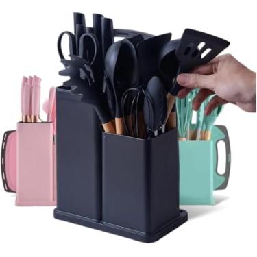 Imagem de Kit Completo Utensílios de Cozinha 19 Peças em Silicone Antiaderente com Tábua e Porta Utensílios – Resistentes ao Calor, Punho de Madeira Ecológica