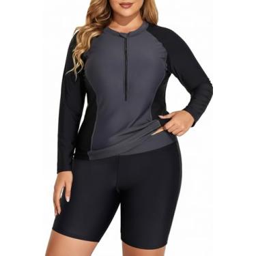 Imagem de Daci Rash Guard plus size para mulheres – maiôs de manga comprida 2 peças sutiã embutido camisa de natação com shorts, Cinza, GG