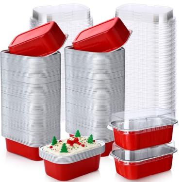 Imagem de Vesici 100 conjuntos de mini formas de pão com tampas, copos descartáveis de folha de alumínio de 162 g, formas de bolo retangulares para pudim, sobremesas, armazenamento de muffins, suprimentos de