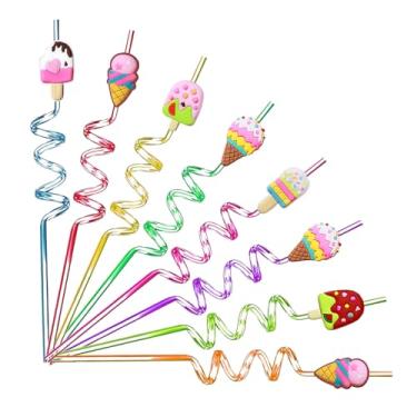 Imagem de 24 canudos espirais reutilizáveis com tema de sorvete com lindos topos de silicone, canudos coloridos de festa de verão com 2 escovas de limpeza, ótimos para aniversários, lembrancinhas de carnaval e