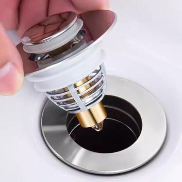 Imagem de Escorredor de bacia de aço inoxidável premium – Filtro anti-odor tipo push para lavatório, acabamento de cobre à prova de vazamento, adequado para lavatórios de 3,5 a 4,8 cm (prata)