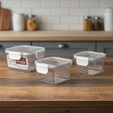 Imagem de Conjunto com 3 Potes Herméticos Quadrados Empilháveis – Tampa com Trava de Vedação, Livre de BPA, Transparente, Ideal para Armazenar Alimentos, Grãos, Mantimentos e Organização de Cozinha