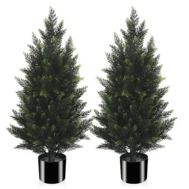 Imagem de SeelinnS Árvore de Natal de cedro artificial, árvore de Natal, topiaria artificial, cedro, planta em vaso com classificação UV, para decoração de casa, interior e exterior, 9 m, plantas falsas, arbustos (2 unidades)