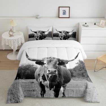 Imagem de Conjunto de cama de vaca Longhorn, animal ocidental, preto e branco, para crianças, meninos, adolescentes, fazenda, touro, gado, rural, boi, decoração de quarto, tamanho king, cinza