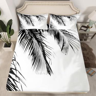 Imagem de Jogo de lençol Queen com palmeira, planta tropical, decoração de quarto de crianças, adolescentes e adultos, preto e branco, lençol com elástico alto, 2 fronhas