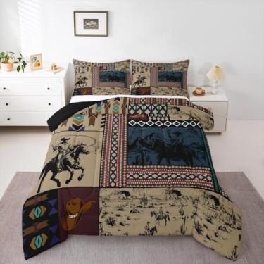 Imagem de Feelyou Conjunto de edredom infantil, marrom, asteca, ocidental, cavalo, tamanho king, para decoração de quarto de meninos, meninas, adolescentes, caubói selvagem, boho, rústico, casa de fazenda