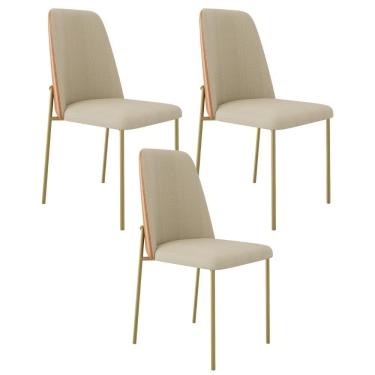 Imagem de Kit 03 Cadeiras Decorativa Estofada Sala De Jantar Dourada Bella L02 Couríssimo Whisky Linho Bege Escuro - Lyam Decor