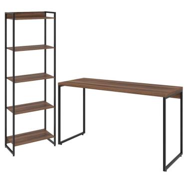 Imagem de Kit Escritório Estante 5 Prateleiras Com Mesa 135Cm Nogal