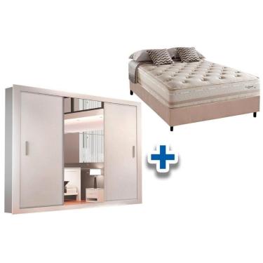 Imagem de Cama Box Casal + Colchão Scotland Herval + Guarda Roupa Veneza Luxo Branco