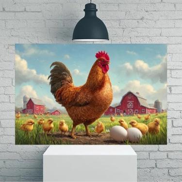 Imagem de Arte de parede em tela rústica vintage Rooster Chicks Farm Eggs - Pôster sem moldura de 30 x 45 cm - Decoração de casa e escritório para sala de estar, quarto, cozinha e café