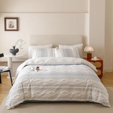 Imagem de KAREVER Conjunto de edredom boêmio azul marfim, texturas mistas, conjunto de cama jacquard durável, chique e elegante