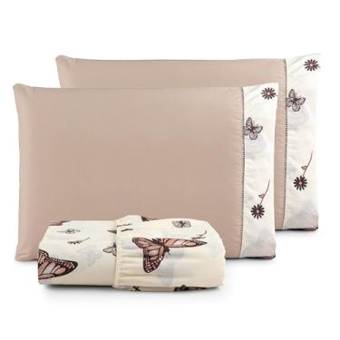 Imagem de Jogo de Lençol Casal Padrão 3 Peças Percal 180 Fios 90% Algodão com Elástico em Toda a Volta e Acabamento Refinado – Conforto, Durabilidade e Estilo (BORBOLETA MARROM)