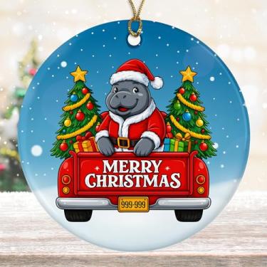 Imagem de DamienBrightGift Enfeite de Natal de Papai Noel Peixe-boi - Caminhão Vermelho de Cerâmica com Decoração de Árvore - Presente de Lembrança de Feriado de Vaca Marinha Bonito - Decoração de Natal da