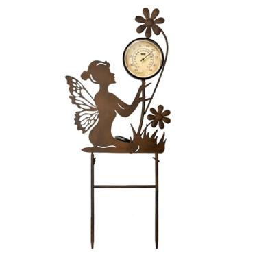 Imagem de HONGLAND Termômetros solares para ambientes externos, para uso externo, metal, fada, à prova d'água, temperatura do gramado, com luzes de LED quentes solares para quintal e jardim, presentes de Natal