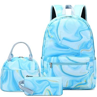 Imagem de Mochila para meninas adolescentes, mochila escolar com lancheira e estojo, conjunto de bolsas escolares 3 em 1, Azul de mármore, G