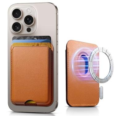 Imagem de SOUNDBYTE Carteira magnética mais forte para iPhone 16/15/14/13/12 e para capas MagSafe | Suporte magnético de couro com bloqueio de RFID N52 com ímãs poderosos | Comporta 3 cartões | Laranja