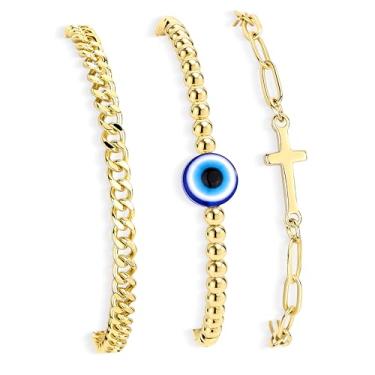 Imagem de Poxtex Pulseira de ouro para mulheres, conjunto de pulseiras delicadas preenchidas com ouro 14k ajustável com contas de cruz cubana elástica empilhada à prova d'água joias presentes para mulheres, One