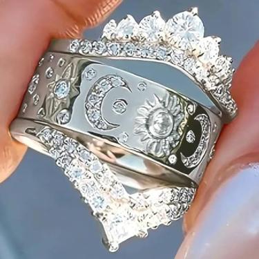 Imagem de Anel feminino de zircônia cúbica de 3 camadas com estampa vazada de sol e lua, 9, Latão, Zircônia cúbica