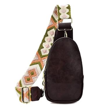 Imagem de KlaOYer Bolsas de couro para mulheres transversais pequenas pochete bolsas de peito com alça de guitarra para gril lady, Café, Large, Transversal