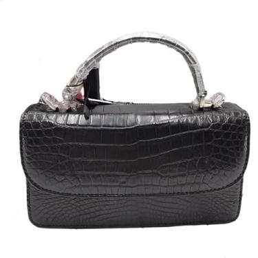 Imagem de Bolsa feminina autêntica de crocodilo com pele de barriga chique e couro de jacaré genuíno, bolsa de ombro cruzada, Preto, 22cm(Length) x 12cm(Height) x 8cm(Deep)