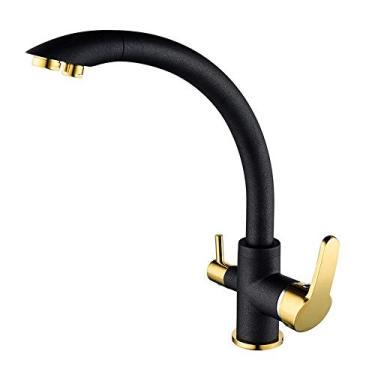 Imagem de Torneira misturadora de pia de cozinha de 3 vias 3 em 1 torneira de filtro de água torneira pura de latão quente e frio beber direto rotação de 360° torneira de cozinha filtrada preta dourada