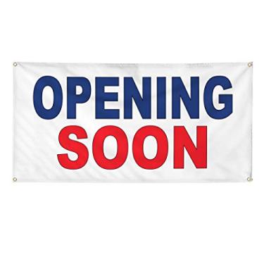 Imagem de Banner de vinil vários tamanhos abrindo em breve azul vermelho B negócios ao ar livre à prova de intempéries placas de quintal industrial 4 ilhós 61 x 122 cm