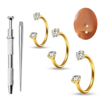 Imagem de HUASAI Anel de nariz em ferradura para mulheres, 18G, aço de titânio, duas pedras preciosas, 6 mm, 7 mm, 8 mm, prata, cartilagem, hélice, brinco, labret, piercing labial, joia, Large, Cristal, Sem