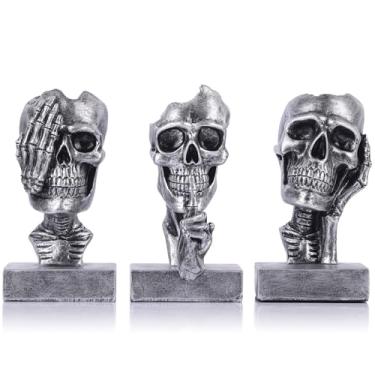 Imagem de LCCCK Trio de estatuetas de esqueleto de 12 cm H See No Evil Hear No Evil Speak No Evil Skelet, Estátua de caveira de terror de Halloween, prateleiras góticas, para Dark Academia Emo Home Bookshelf