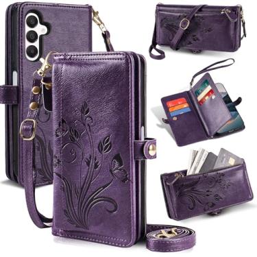 Imagem de Lacass Capa carteira para Samsung Galaxy A15 5G, [proteção contra roubo de cartões] Suporte de cartão com zíper de couro flip alça de pulso transversal com suporte (floral roxo escuro)