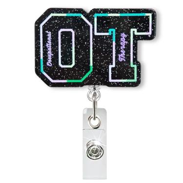 Imagem de Carretel de crachá retrátil de terapia ocupacional, carretel de crachá OT com glitter para trabalho, presente de formatura de estudante de terapeuta, suporte de crachá de terapeuta ocupacional com