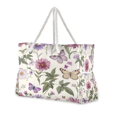Imagem de Wassud Bolsa de praia roxa flores silvestres grandes bolsas de praia para mulheres, impermeável, à prova de areia, bolsa de viagem com zíper e bolso, piscina, academia, acampamento