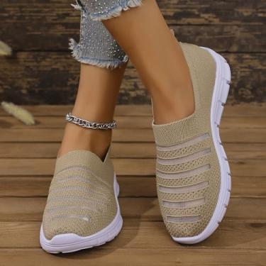 Imagem de Tênis feminino sem cadarço confortável, leve, respirável, de malha antiderrapante, casual, tênis para academia, viagem, trabalho, Caqui, 36