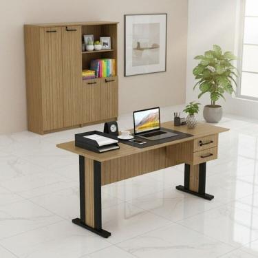 Imagem de Conjunto 3 Peças 2 Armários com 4 Portas e Nicho e 1 Mesa com 2 Gavetas e Chave Espresso Móveis Amêndoa/Preto