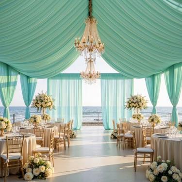 Imagem de Cortinas de teto azul-petróleo de 20 pés para festas de casamento, 2 painéis, cortina de teto de 1,8 m de comprimento para telhado de barraca, sem rugas, drapeado de seda verde menta para eventos