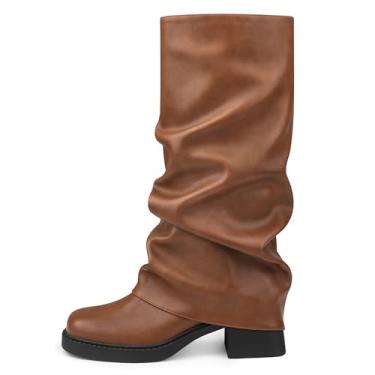 Imagem de Ziheels Botas femininas dobráveis, cano médio, cano médio, 5 cm, salto grosso, bico quadrado, sem fecho, bota plissada empilhada, Marrom, 38