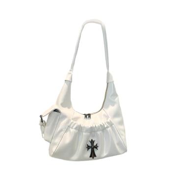 Imagem de CORIOS Bolsa feminina transversal de couro PU bolsa de mão com alça superior de capacidade média bolsa moderna Hobo axila, Branco, L, Retrô