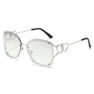 Imagem de HCHES Óculos de Sol Femininos Retro Degradê Sem Armação em Formato de Coração Duplo com Lentes de Metal para Uso Casual e Masculino com Proteção UV400 (Prateado)