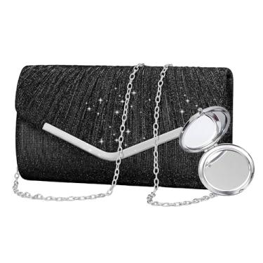 Imagem de STWPYL Bolsa clutch noturna feminina com alça de corrente intercambiável e espelho – Bolsa de casamento, formatura e festa, C1 - Preto