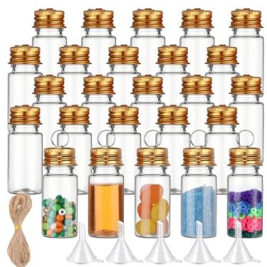 Imagem de Bokon Conjunto de 25 mini garrafas de plástico de 10 ml com tampas funis de cobertura interna, pequenas garrafas de poção com tampas, minúsculo frasco de arte de areia transparente para decoração de