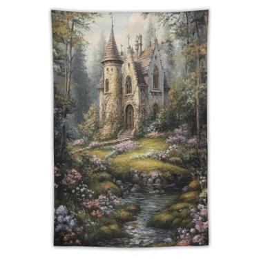 Imagem de Tapeçaria Enchanted Woodland Cottage Stream Tapeçaria para pendurar na parede Casa de pedra rústica caminho floresta paisagem arte para quarto sala de estar dormitório apartamento decoração de casa de